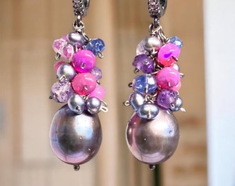 Black Peacock Pearl Earring, Mother of Bride Earrings, Gem and Opal Cluster Earring, Violet Opal, Amethyst Earring, Spring Wedding Jewelry