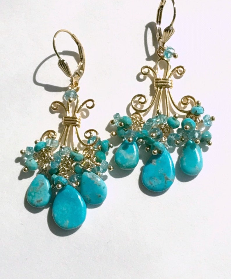 Turquoise Chandelier Earrings Gold Gemstone Chandelier Turquoise Jewelry Statement Earrings Gift for Her December Birthstone Gift for Wife