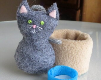 Gray cat stuffed animal playset , miniature felt plushie , handmade,  cat lover gift