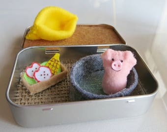 Pink pig altoid tin stuffed animal play set quiet time toy - gift for her
