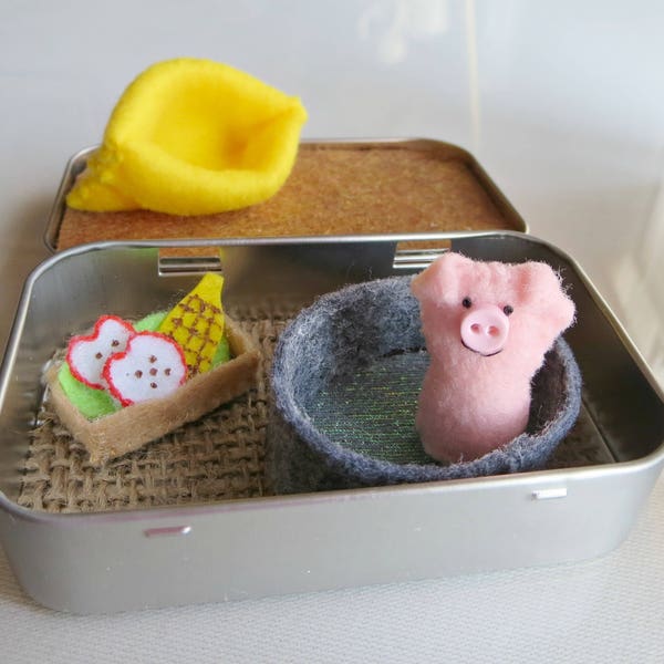 Pink pig altoid tin stuffed animal play set quiet time toy - gift for her