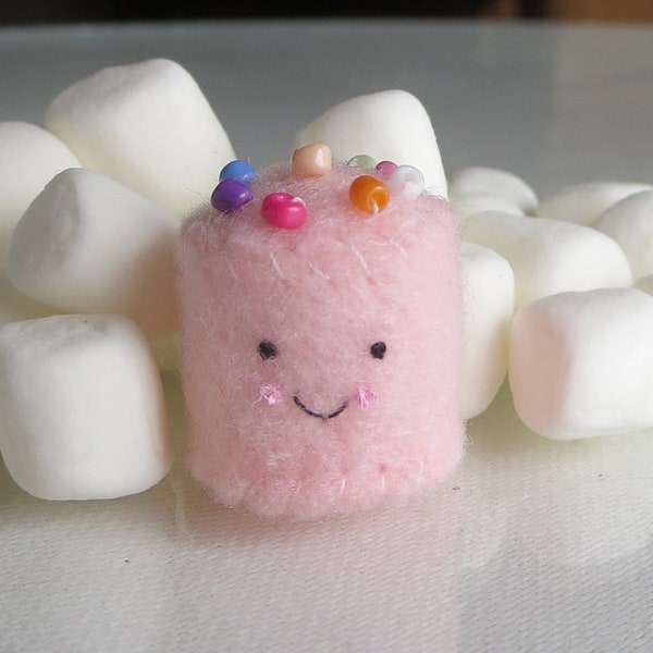 Mini marshmallow felt plushie with seed bead sprinkles - pink with a smile