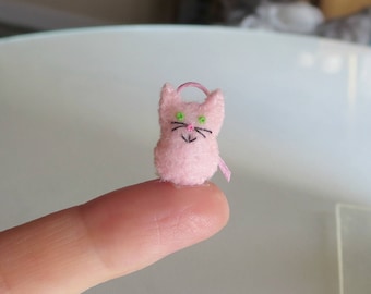 Tiny pink cat stuffed animal -miniature felt- handmade plush, dollhouse ca