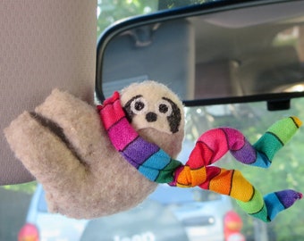 Rainbow Sloth car visor hugger with scarf -miniature felt animal