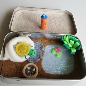 Tiny Turtle altoid tin playset,  miniature felt stuffed animal with accessories, quiet time toy, birthday gift, desk buddy