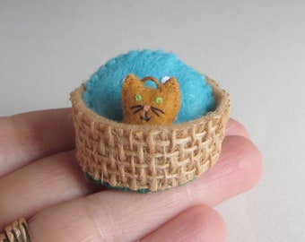 Tiny orange cat miniature felt stuffed animal , tiny felt animal,  handmade play set cat in basket