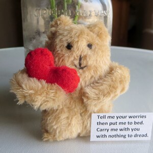 May include: A small, tan teddy bear holding a red heart. The bear has black button eyes and a stitched black mouth. A small white tag with the text "Tell me your worries then put me to bed. Carry me with you with nothing to dread" is attached.