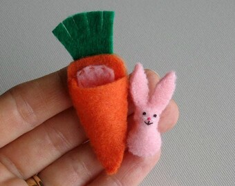 Pink bunny miniature felt stuffed animal plushie playset with carrot bed