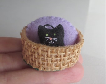 Tiny black cat miniature felt stuffed animal , tiny felt animal,  handmade play set