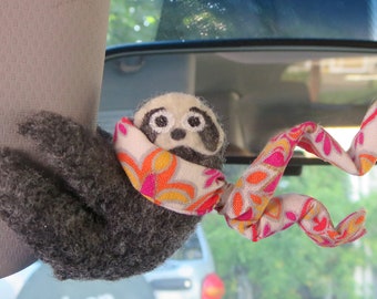 Sloth car visor hugger with pink gold scarf - miniature felt animal