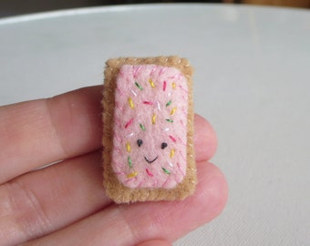 Pink Pop Tart Plush, Miniature Felt Hand Stitched Pocket Pastry with Smiling Face
