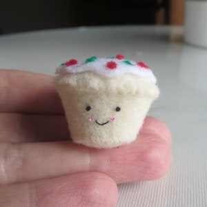 Christmas cupcake play food, miniature felt plushie with smiling face -stocking stuffer, advent calendar gift, cute birthday gift