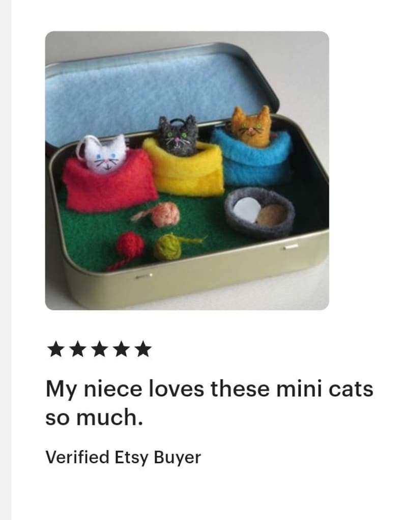 Puede incluir: Una peque&ntilde;a caja met&aacute;lica abierta contiene tres gatos de fieltro en miniatura en camas rojas, amarillas y azules. Los gatos son blancos, negros y naranjas. La caja tambi&eacute;n contiene peque&ntilde;as bolas de fieltro y un cuenco de fieltro gris con dos objetos blancos.
