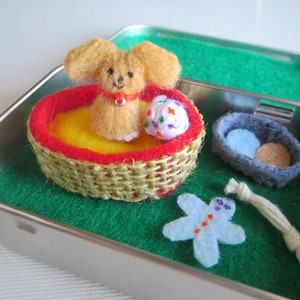 Dog Altoid tin miniature felt playset, tiny stuffed animal