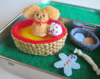 Dog Altoid tin miniature felt playset, tiny stuffed animal