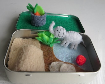 Elephant altoid tin, miniature felt, tiny stuffed animals  gift for her