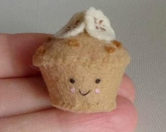 Miniature Felt Banana Nut Muffin, Hand-Stitched Pocket Pastry with Smiling Face, Breakfast Desk Pet
