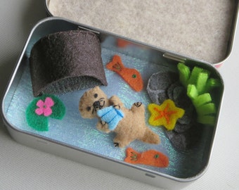 Otter altoid tin, miniature felt otter,  plushie stuffed animal  play set,  gift for her