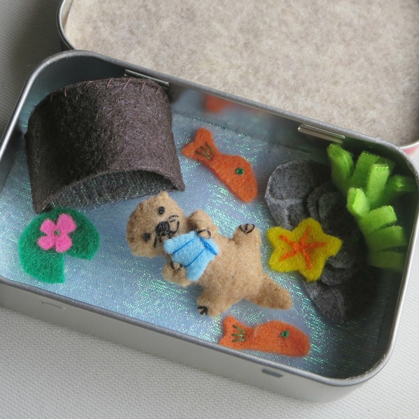 Otter altoid tin, miniature felt otter,  plushie stuffed animal  play set,  gift for her