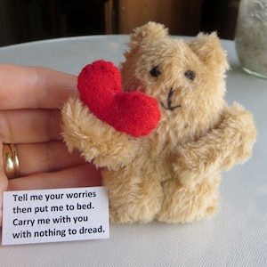 May include: A small, tan teddy bear holding a red heart. The bear has black eyes and a stitched smile. A small white card with the text "Tell me your worries then put me to bed. Carry me with you with nothing to dread." is in the image.