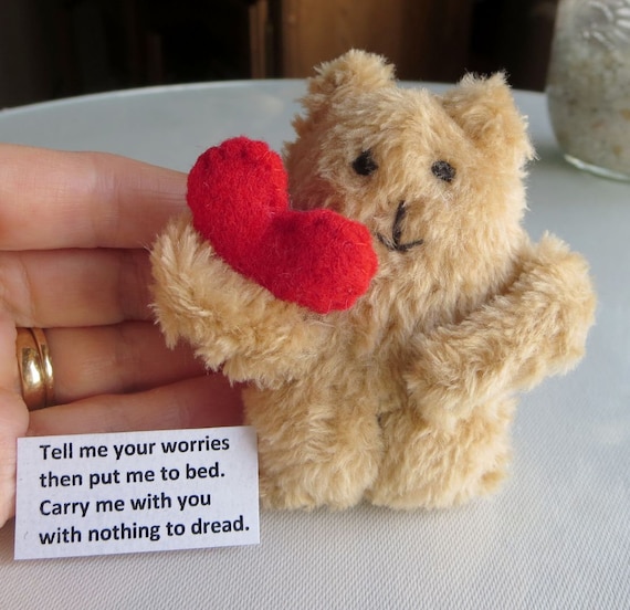 Handmade Worry Monster Plush,  Anxiety Toy,  Heart Pillow, Soft Faux Fur Stress Relief Gift, Valentine Bear