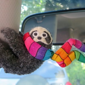 Rainbow Sloth car visor hugger with rainbow scarf  stuffed animal