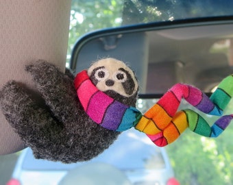 Rainbow Sloth car visor hugger with rainbow scarf  stuffed animal