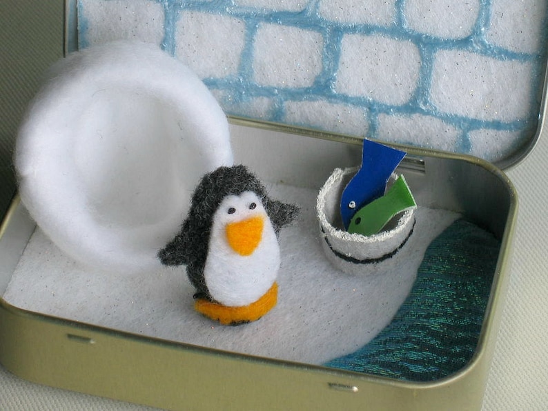 Penguin altoid tin miniature felt plush stuffed animal quiet time toy gift for her image 1