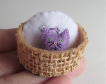 Tiny purple cat miniature felt stuffed animal , tiny felt animal,  handmade play set cat in basket