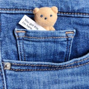 Puede incluir: Una pequeña figura de oso de lana fieltrada de color canela que asoma por el bolsillo de unos vaqueros azules. Junto al oso hay una nota de papel blanco con el texto impreso "You got this. I'm here.". El oso tiene dos ojos cosidos en azul oscuro.