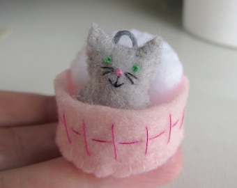 Gray cat stuffed animal playset miniature plush dollhouse, cat tiny felt animal