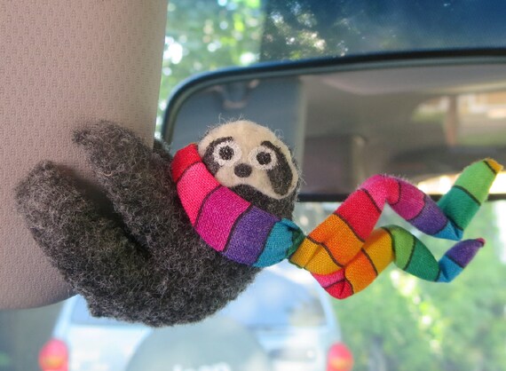 Rainbow Sloth Car Visor Hugger With Rainbow Scarf Stuffed Animal