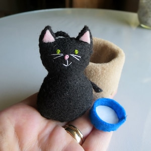 Black cat playset with fleece cat bed and milk bowl,  handmade,  cat lover gift, gift for her, gift for kids