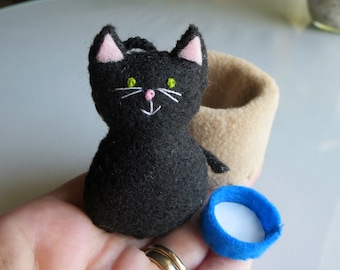 Black cat stuffed animal playset , miniature felt plushie , handmade,  cat lover gift