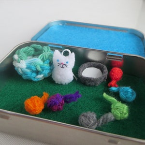 Altoid tin Cat playset miniature felt stuffed animal - cat basket - cat toys - bowl of milk - dollhouse cat