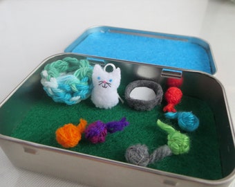 Altoid tin Cat playset miniature felt stuffed animal - cat basket - cat toys - bowl of milk - dollhouse cat