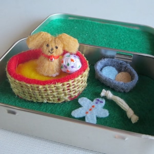Miniature dog felt Altoid tin playset,  tiny stuffed animal, with accessories