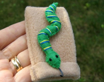 Green snake stuffed animal miniature felt plushie snake and sleeping bag playset , pocket snake