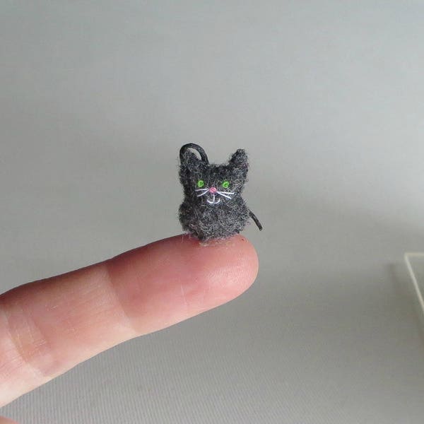 Tiny Miniature  Felt Cat, Hand Embroidered Dollhouse Kitty, Pocket Pet, Advent Calendar Filler, Black Kitten