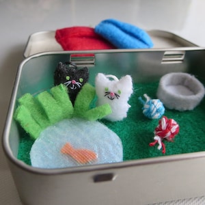 Cats miniature felt altoid tin playset with fish pond, cat stuffed animal with accessories black cat, white cat,  gift for her, teacher gift