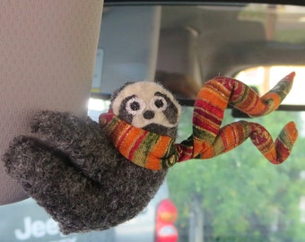 Sloth car visor hugger with gold speckeled scarf miniature felt animal