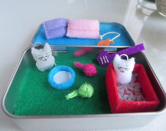 Cat Altoid tin  miniature felt play set, with two tiny cat stuffed animals  gift for her