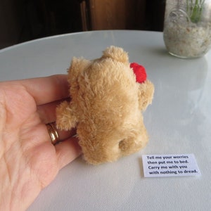 May include: A small, tan teddy bear holding a red heart. The bear has a soft, plush texture. A small white card with the text "Tell me your worries then put me to bed. Carry me with you with nothing to dread." is next to the bear.
