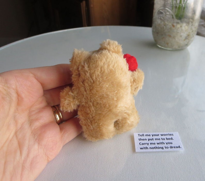 May include: A small, tan teddy bear holding a red heart. The bear has a soft, plush texture. A small white card with the text "Tell me your worries then put me to bed. Carry me with you with nothing to dread." is next to the bear.