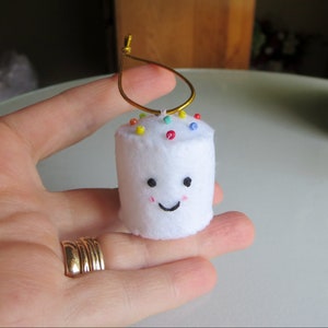 Marshmallow ornament with seed bead sprinkles and a smile, cute Christmas gift, birthday gift, foodie gift