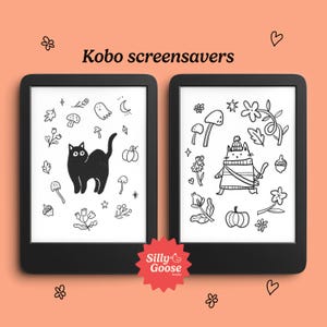 Puede incluir: Dos protectores de pantalla Kobo en blanco y negro. La pantalla de la izquierda presenta un gato negro con la cara blanca y una luna creciente. La pantalla de la derecha presenta un gato con una bufanda y una calabaza. Ambos protectores de pantalla presentan una variedad de otras ilustraciones con temática otoñal.