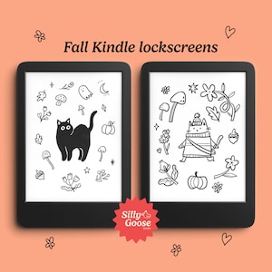 May include: Two black Kindle devices displaying fall-themed lockscreens. One features a black cat with autumn elements, the other a cat in a sweater. The text "Fall Kindle lockscreens" is at the top, with a "Silly Goose Studio" logo.