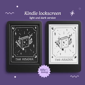 May include: A black and white Kindle lockscreen with a stylized illustration of a book with stars and a crescent moon. The text "THE READER" is below the book.