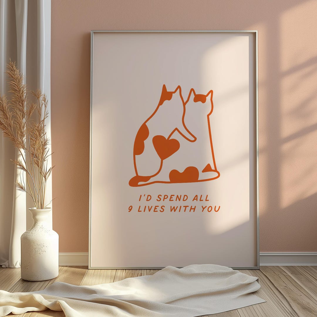 Orange Cat Digital Wall Art Print Hand Drawn Funny Cat Romantic Couples ...