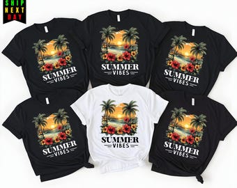Summer Vibes Tee,Tropical Sunset Graphic Tee with Palm Trees & Hibiscus Flowers,Beach Vacation Shirt,Unisex Summer Shirt,trendy summer tee
